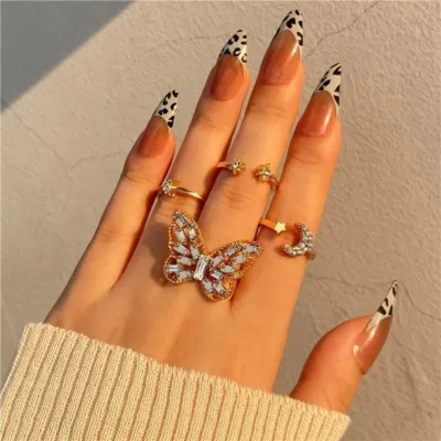 Fashion Crystal Golden Butterfly Finger Ring Set